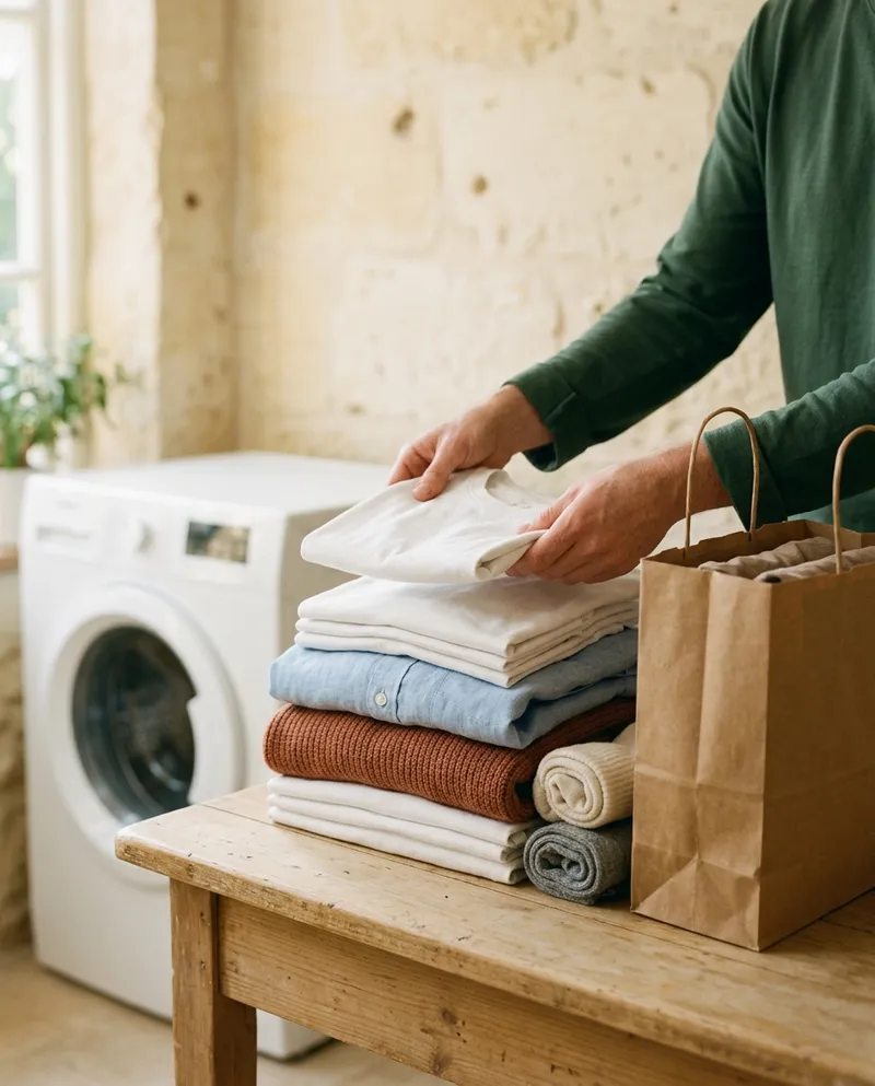 Uma pilha de roupa acabada de dobrar e um saco de papel no balcão da loja