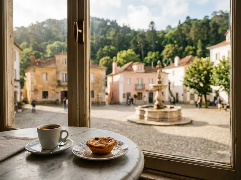 Um café e um bolo numa mesa de esplanada virada para um pequeno largo em Sintra