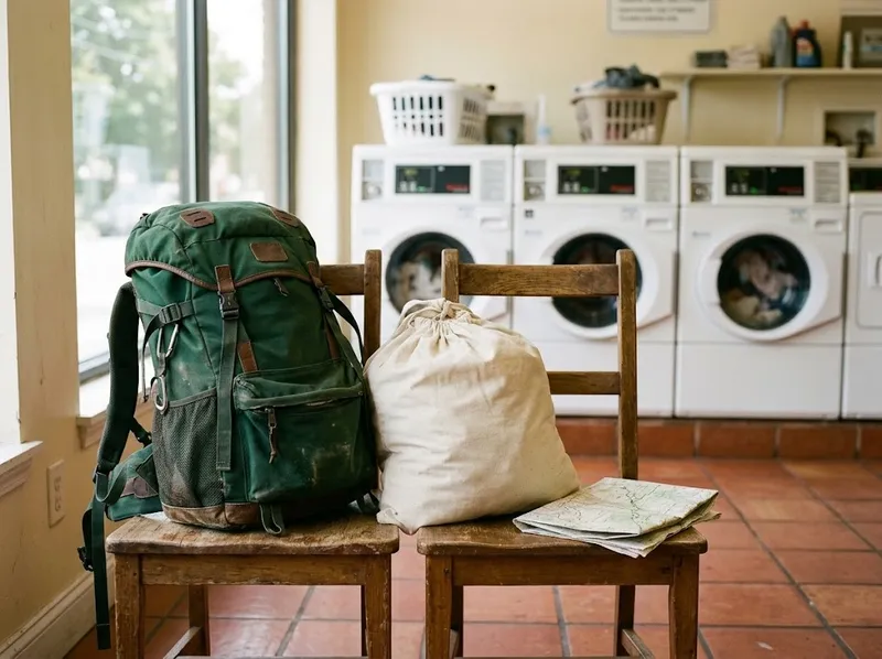 A mochila de um viajante e um saco de roupa nas cadeiras da loja