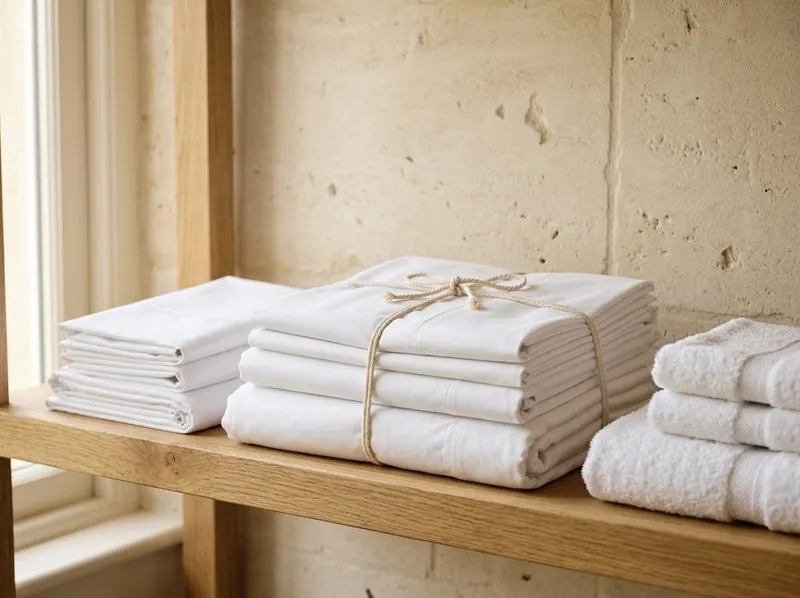 Roupa de cama engomada, empilhada para um alojamento local