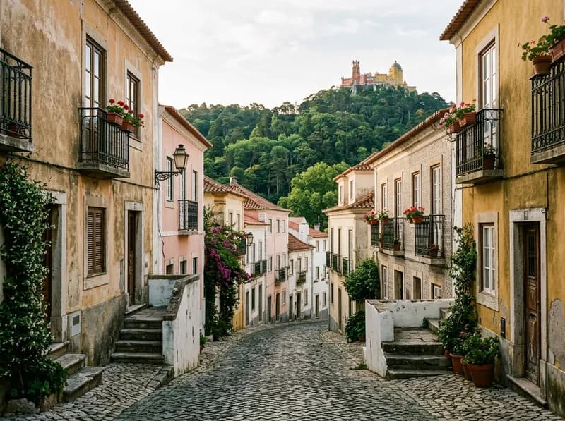 Uma rua empedrada de Sintra com fachadas em tons pastel